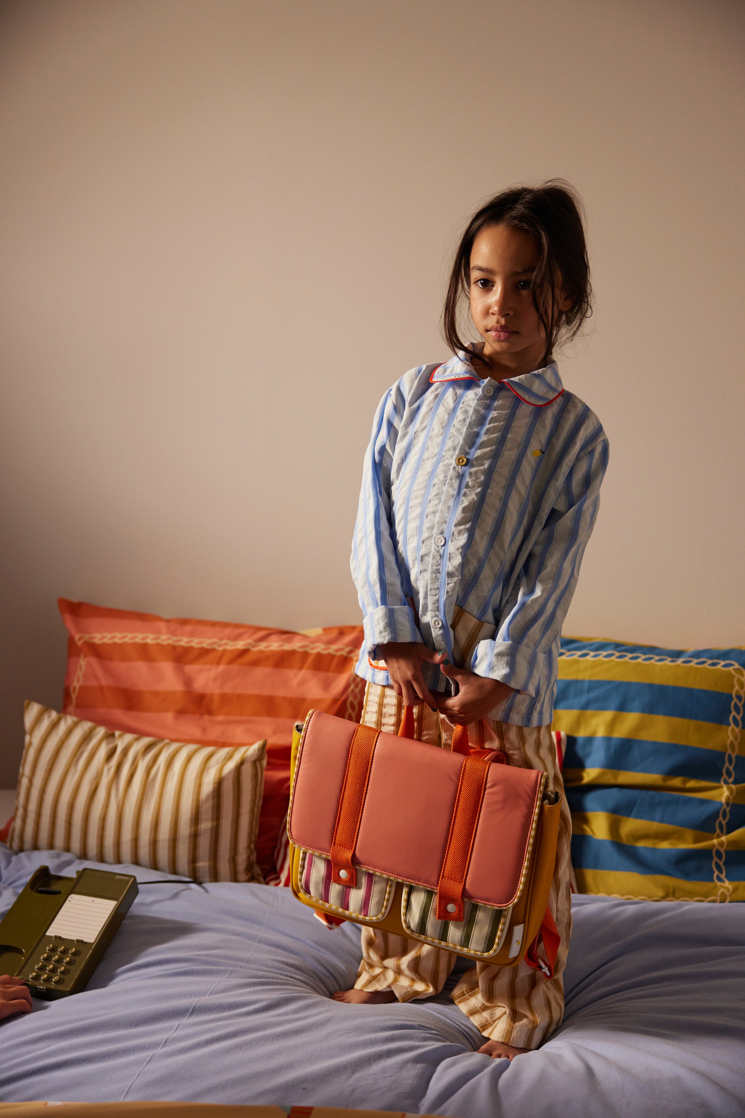 Kid's retro school bag coral pink + submarine yellow 32x8x23,5cm Sticky Lemon