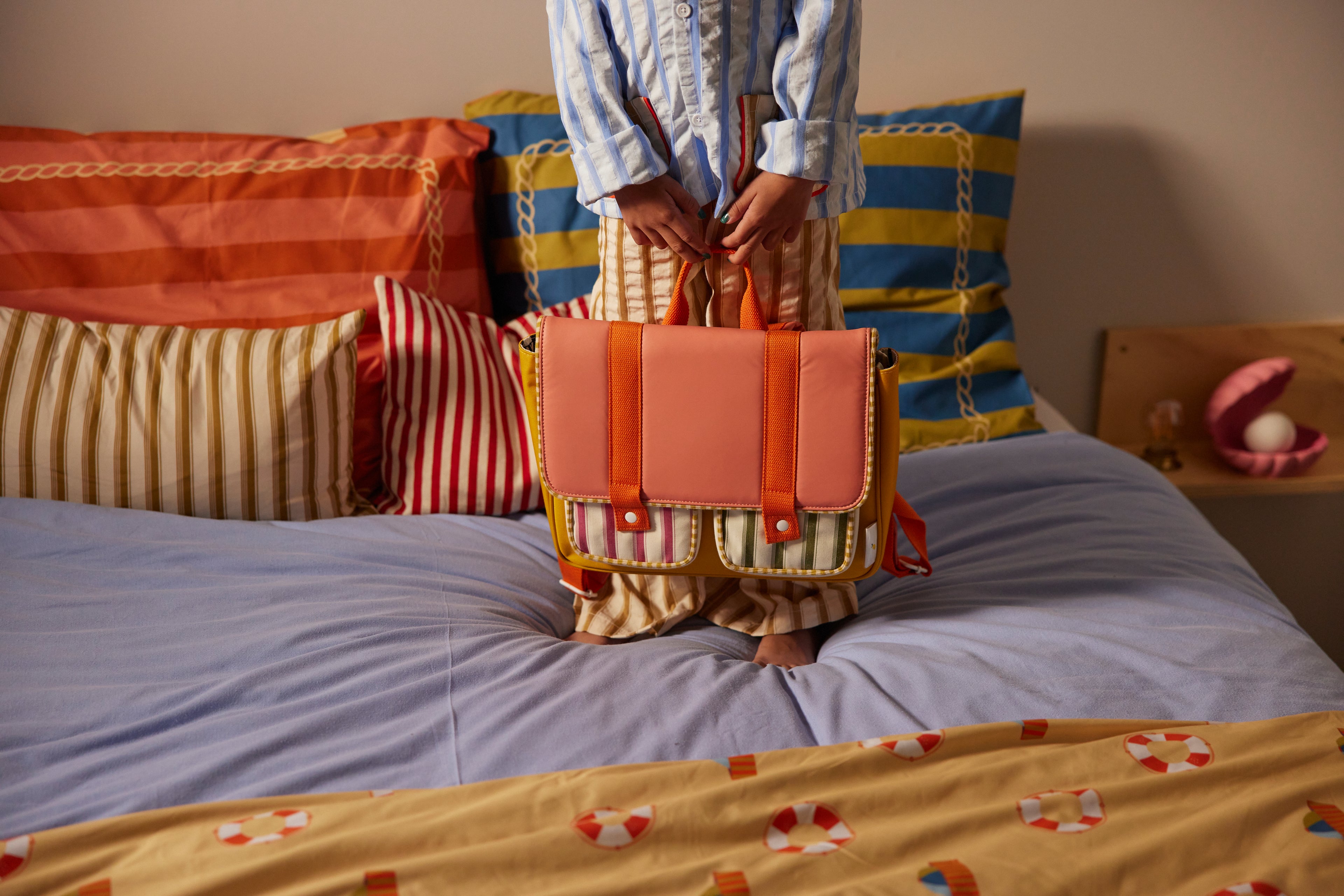 Kid's retro school bag coral pink + submarine yellow 32x8x23,5cm Sticky Lemon