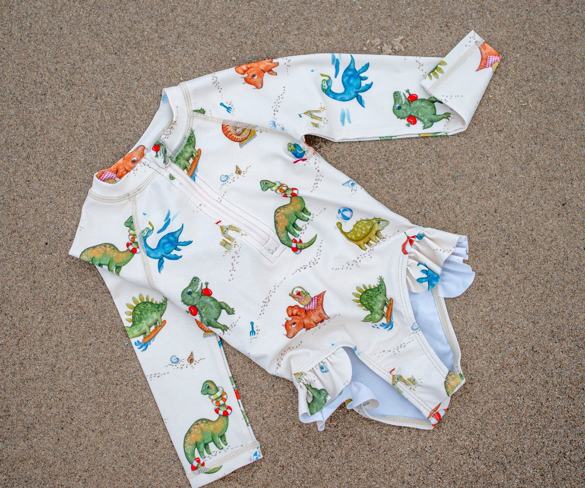 Kid's one-piece swimsuit with long sleeves Dino beach 1-4 years UPF50+ Filibabba