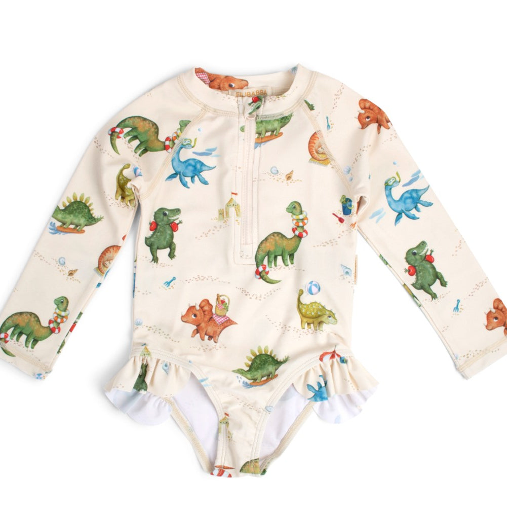 Kid's one-piece swimsuit with long sleeves Dino beach 1-4 years UPF50+ Filibabba
