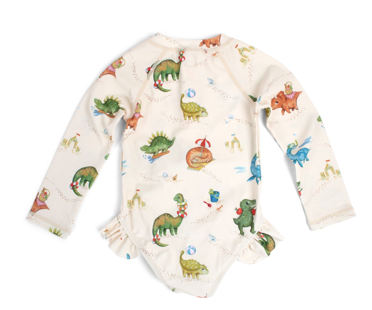Kid's one-piece swimsuit with long sleeves Dino beach 1-4 years UPF50+ Filibabba