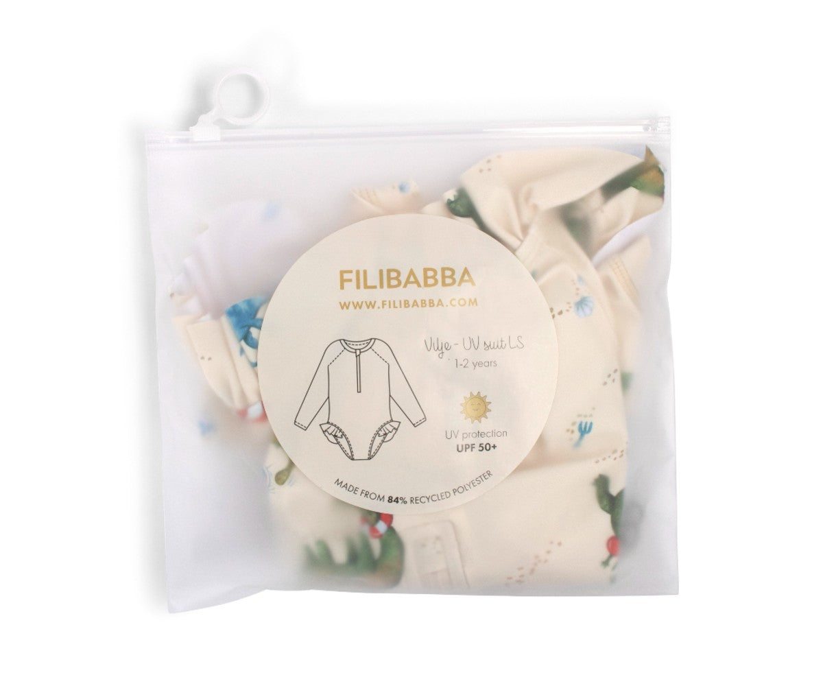 Kid's one-piece swimsuit with long sleeves Dino beach 1-4 years UPF50+ Filibabba