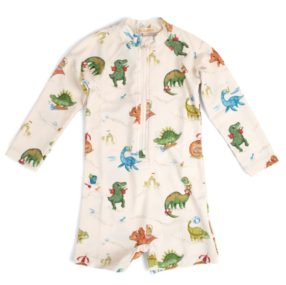 Kid's one-piece swimsuit with long sleeves Villads Dino beach 1-2 years UPF50+ Filibabba