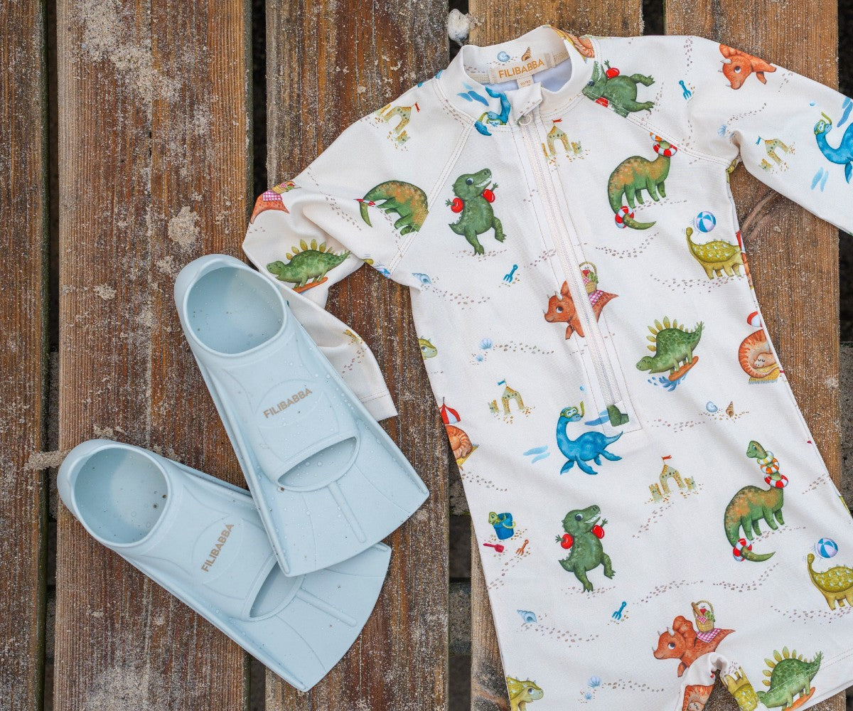 Kid's one-piece swimsuit with long sleeves Villads Dino beach 1-2 years UPF50+ Filibabba