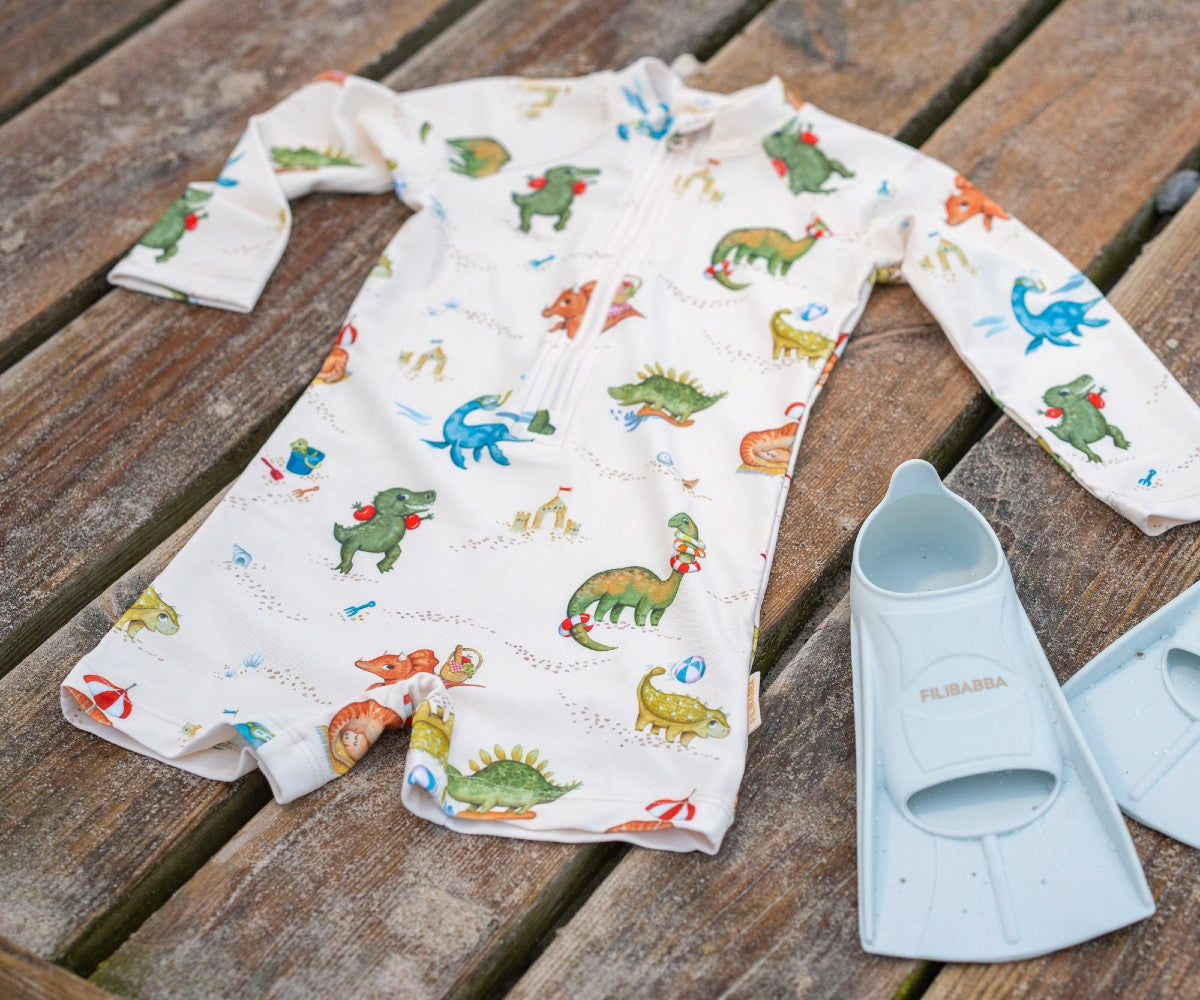 Kid's one-piece swimsuit with long sleeves Villads Dino beach 1-2 years UPF50+ Filibabba
