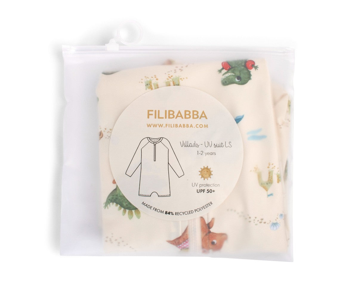 Kid's one-piece swimsuit with long sleeves Villads Dino beach 1-2 years UPF50+ Filibabba