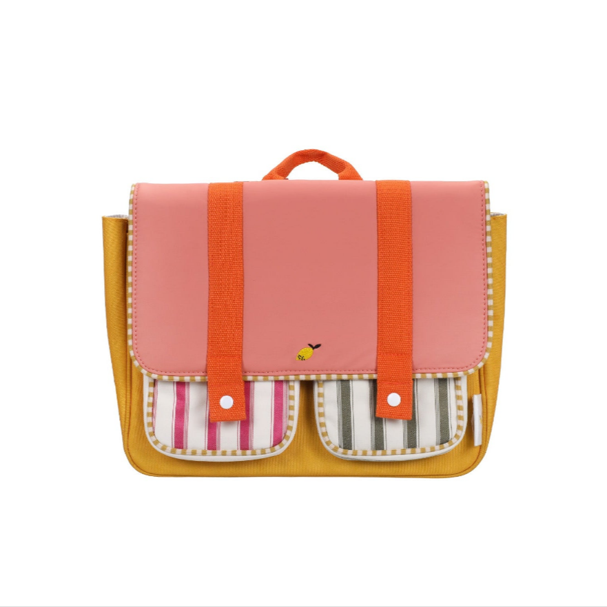 Kid's retro school bag coral pink + submarine yellow 32x8x23,5cm Sticky Lemon