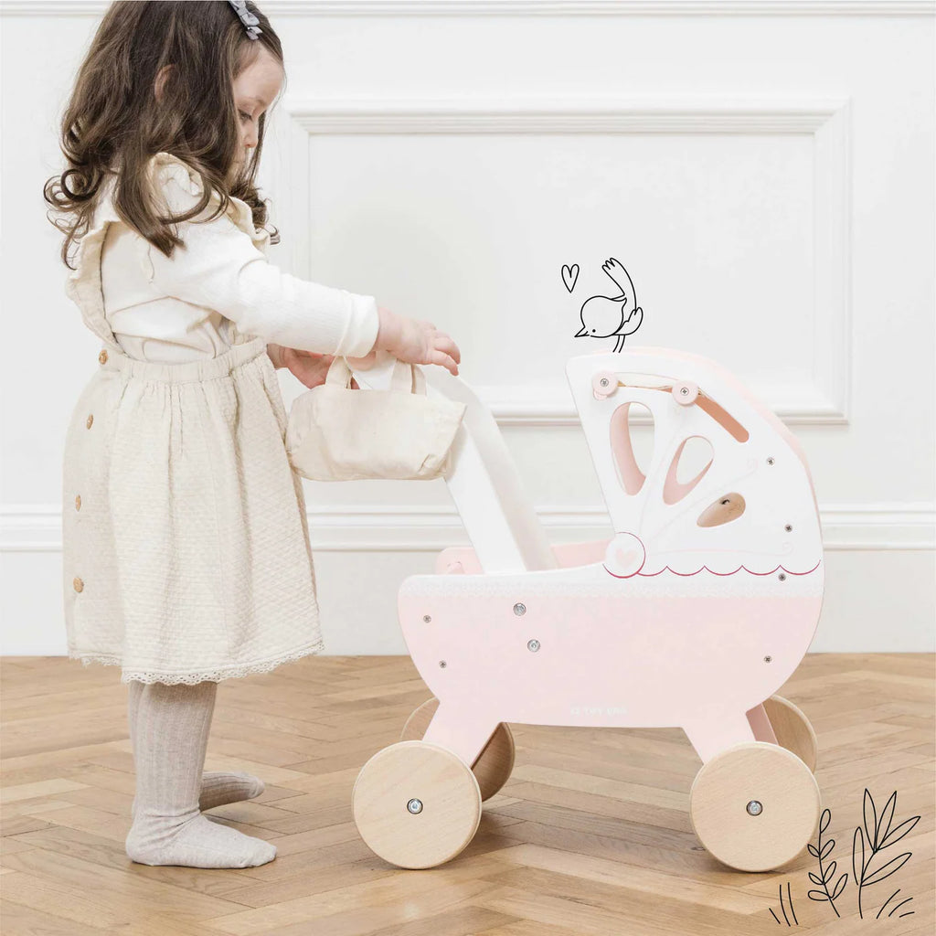 Wooden doll stroller - pink