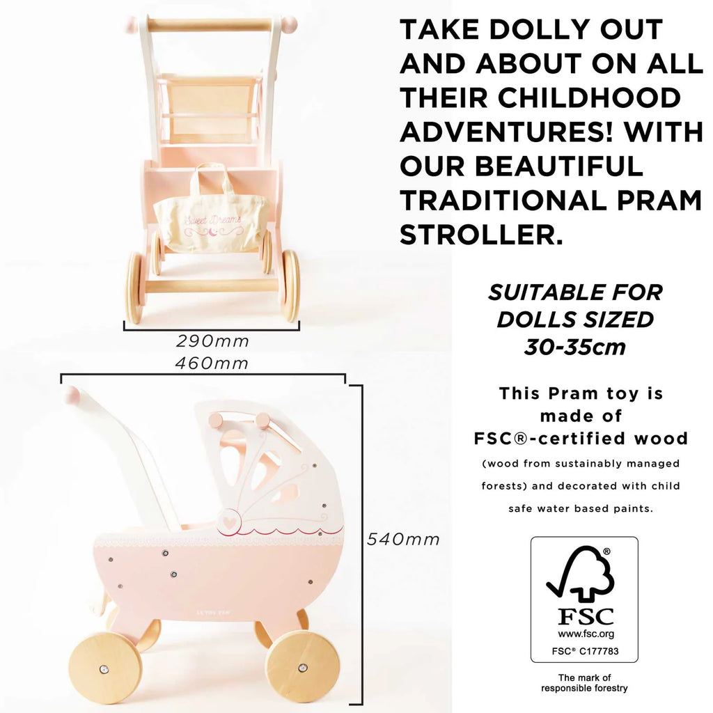 Wooden doll stroller - pink