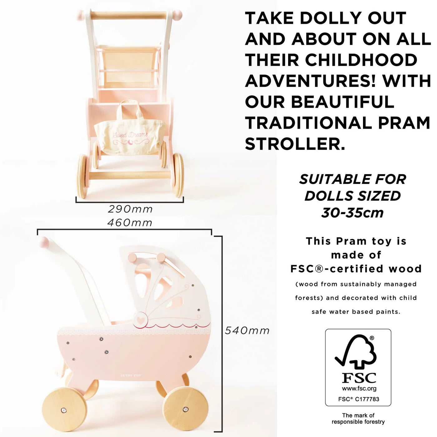 Wooden doll stroller - pink