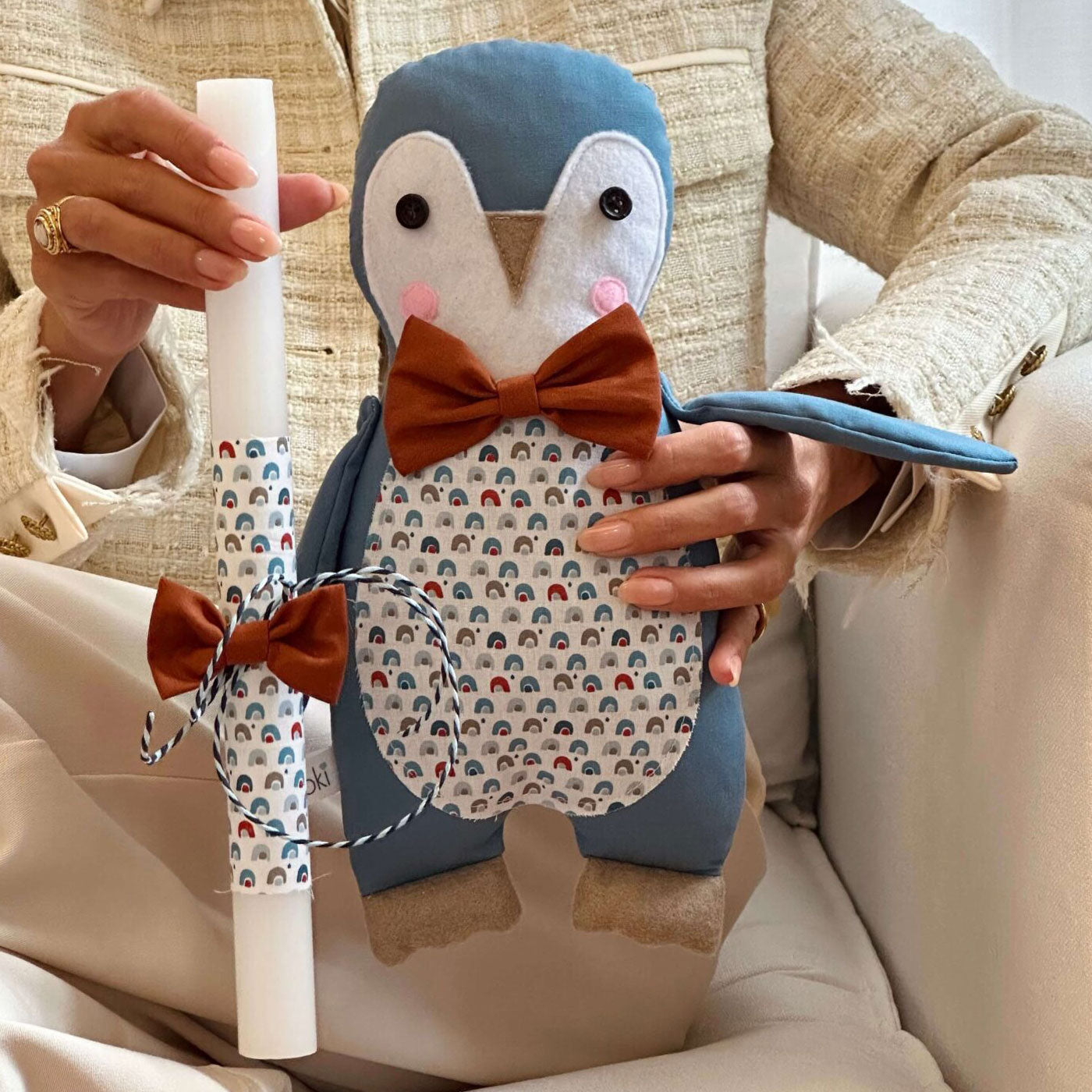 Handmade Easter candle penguin Eugene, the conductor