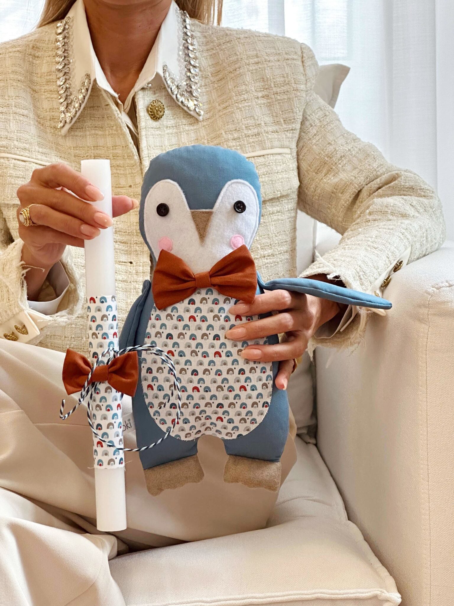 Handmade Easter candle penguin Eugene, the conductor