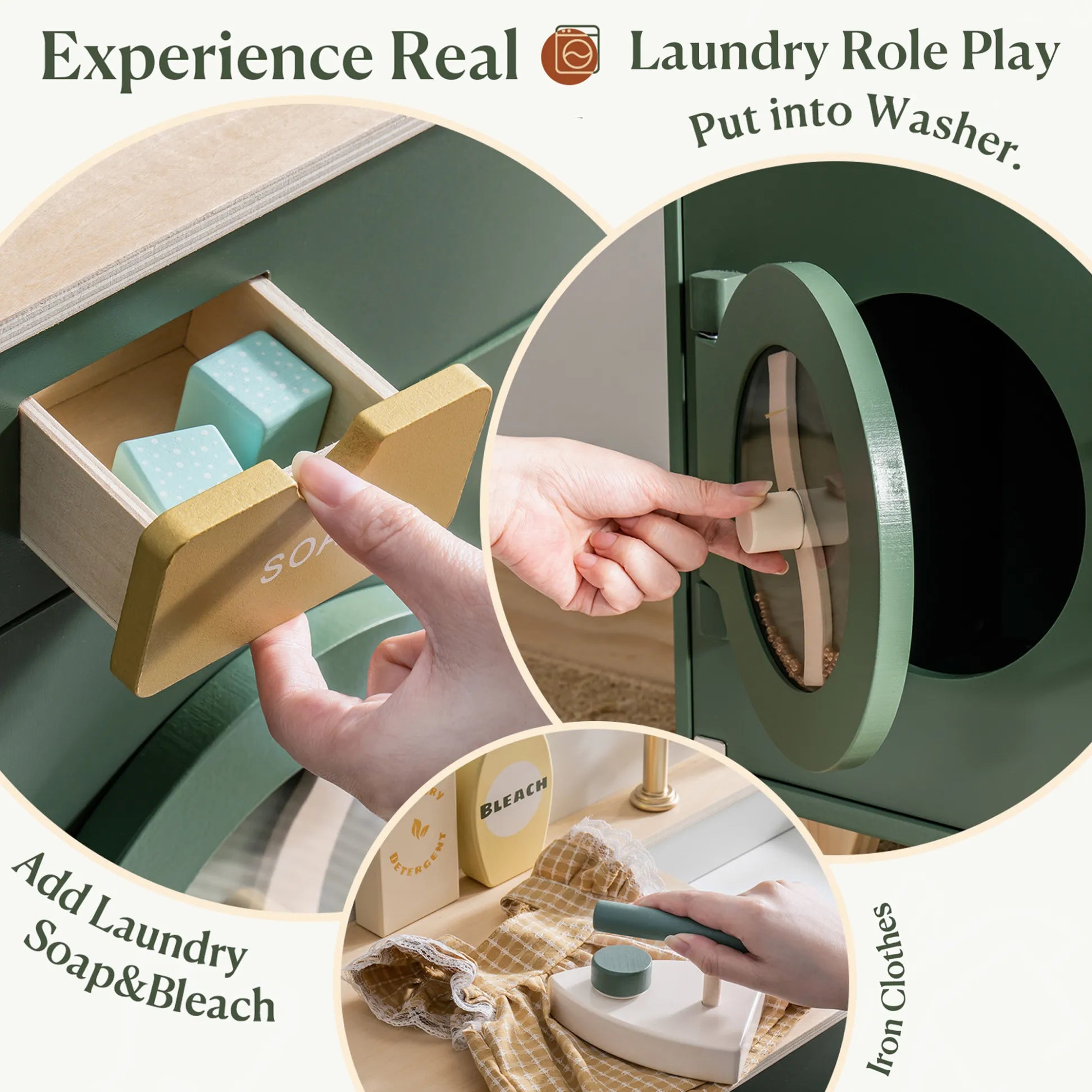 Ξύλινο παιδικό πλυντήριο με νιπτήρα και αξεσουάρ- Vintage green 3+ 60 x 30 x 61 cm