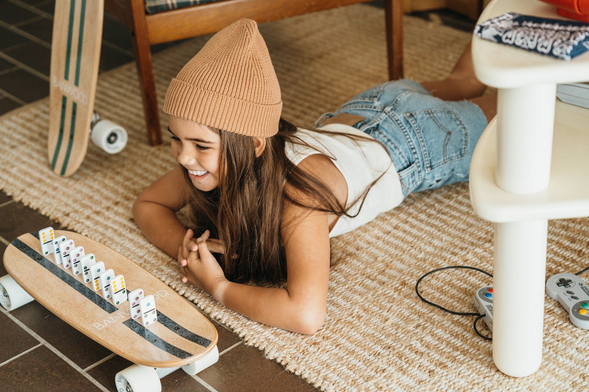 Kid's retro skateboard with stripes Blue navy 3Y+ Banwood