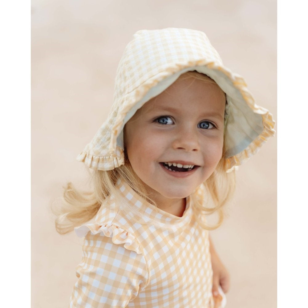 Kid's reversible hat Sea Green -  Sunshine Checks 18m-4y Little Dutch