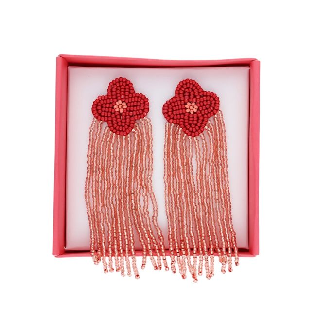 Γυναικεία σκουλαρίκια κόκκινα-ροζ με λουλούδια και χάντρες-Gift for Mum