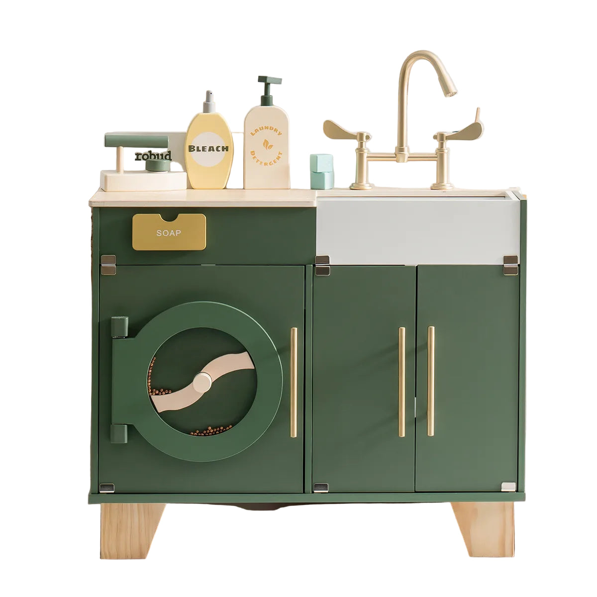 Ξύλινο παιδικό πλυντήριο με νιπτήρα και αξεσουάρ- Vintage green 3+ 60 x 30 x 61 cm