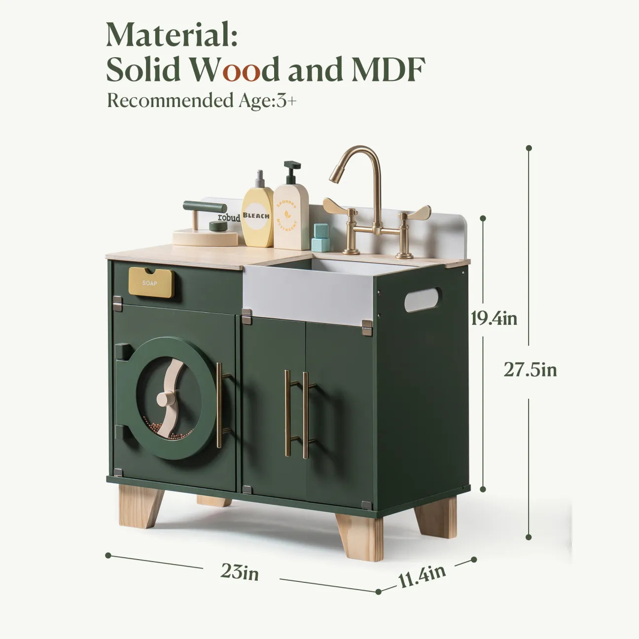 Ξύλινο παιδικό πλυντήριο με νιπτήρα και αξεσουάρ- Vintage green 3+ 60 x 30 x 61 cm