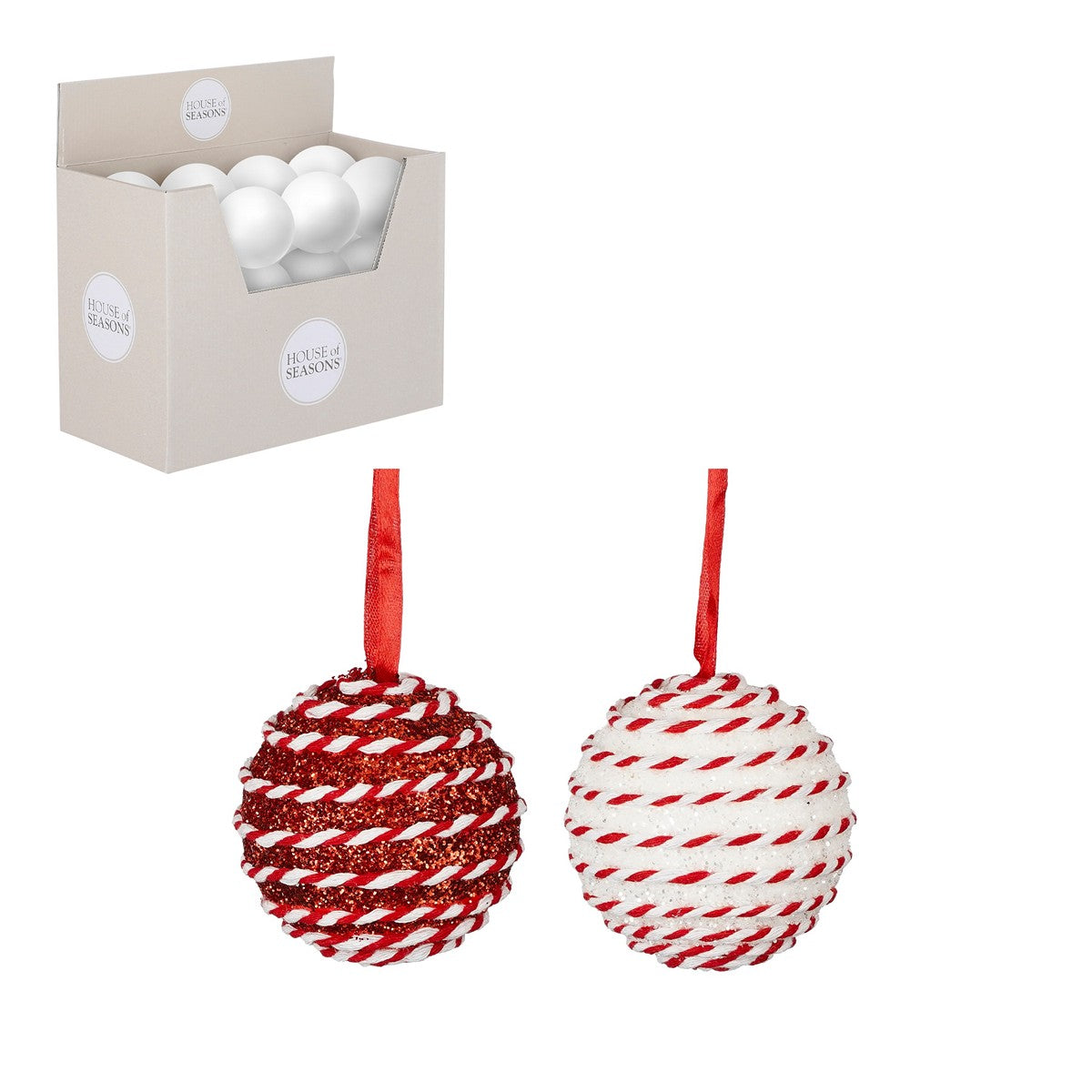 Χριστουγεννιάτικη μπάλα άθραυστη ριγέ με glitter κόκκινη ή λευκή 10cm
