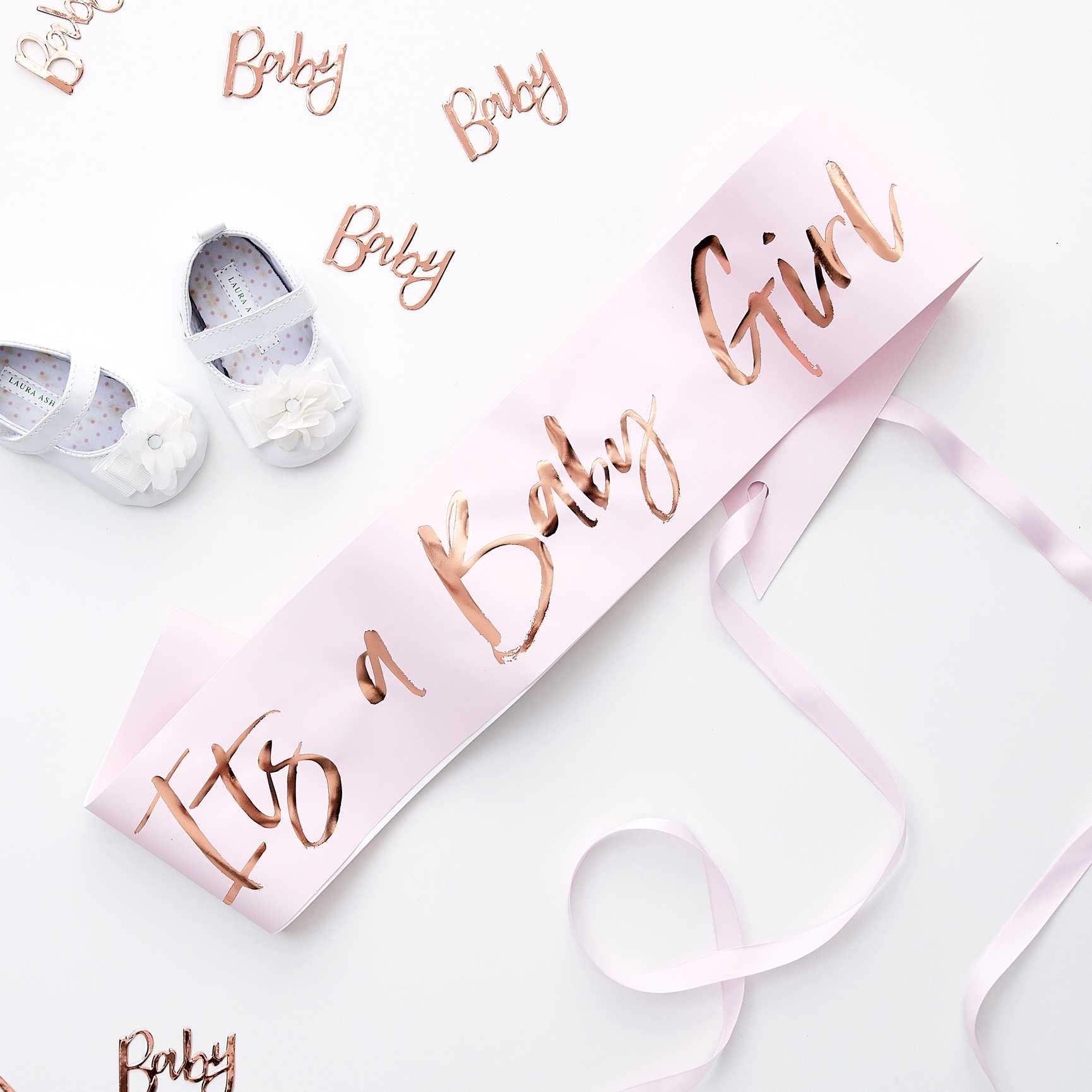 Χάρτινη κορδέλα It's a Baby Girl με ροζ χρυσό baby shower 75x10cm  - Gingerray