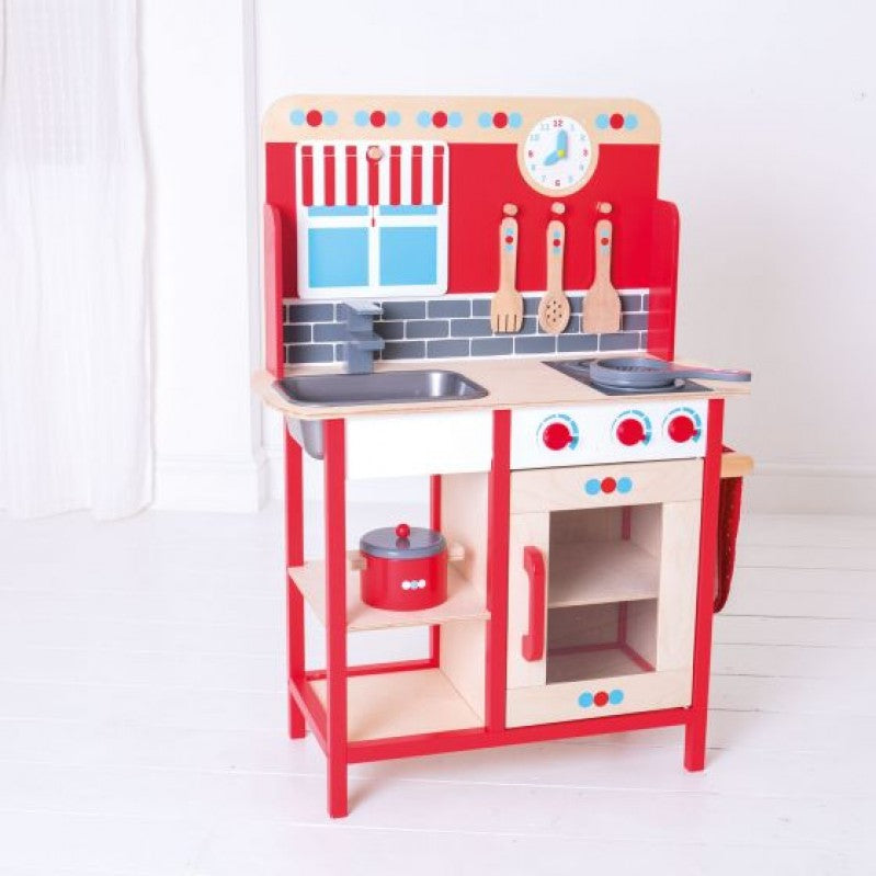 Ξύλινο παιδικό παιχνίδι κόκκινη κουζίνα Bigjigs 95cm x 57.6cm x 30cm