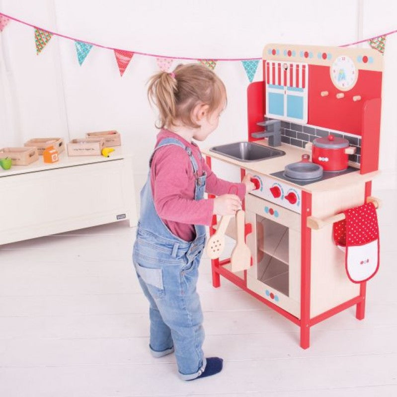 Ξύλινο παιδικό παιχνίδι κόκκινη κουζίνα Bigjigs 95cm x 57.6cm x 30cm