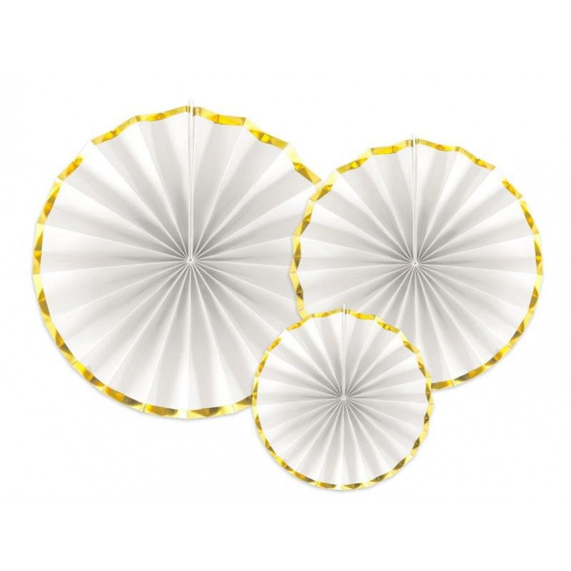 Set of 3 White with gold edges paper fans