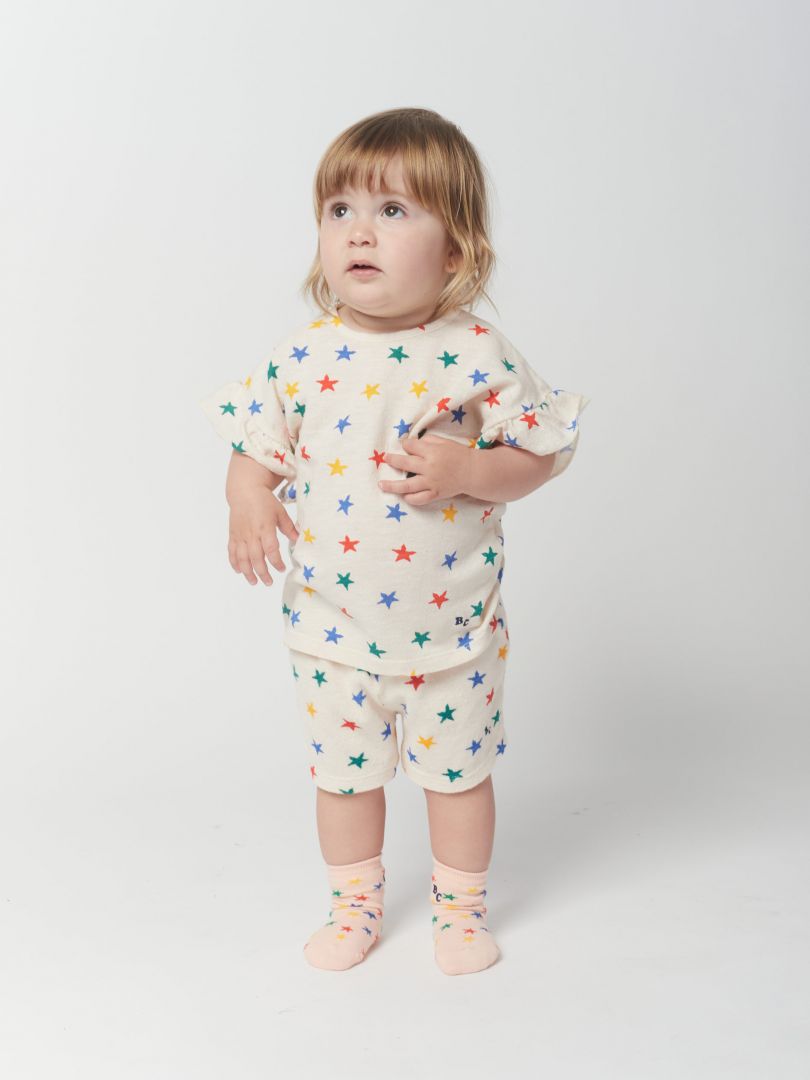 Multicolour stars all over ruffle t-shirt 3-24M Offwhite - Bobo Choses