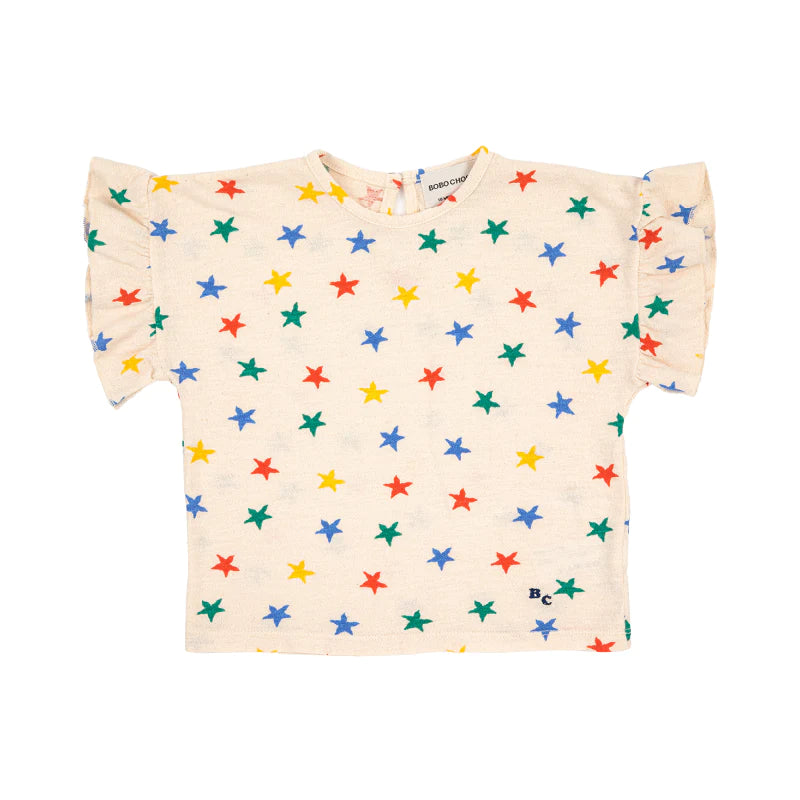 Multicolour stars all over ruffle t-shirt 3-24M Offwhite - Bobo Choses